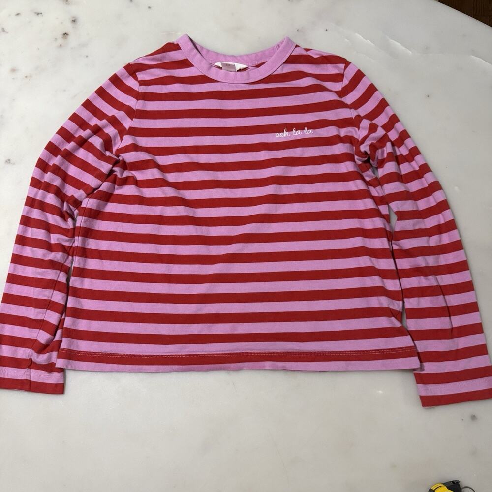H&M Women’s M 100% Cotton Red and Pink Striped Long Sleeve Crewneck Top T-Shirt